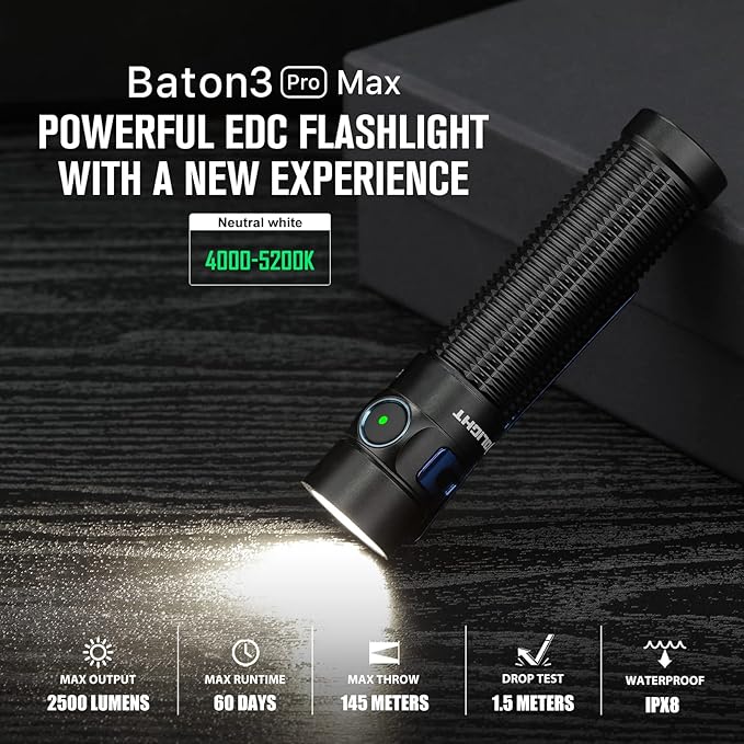 OLIGHT Baton3 Pro Max 2500 Lumens Rechargeable Compact EDC Light with Safety Proximity Sensor, LED High Lumens Pocket Flashlight for Camping, Hiking, Emergency (Neutral White Light: 4000~5000K)