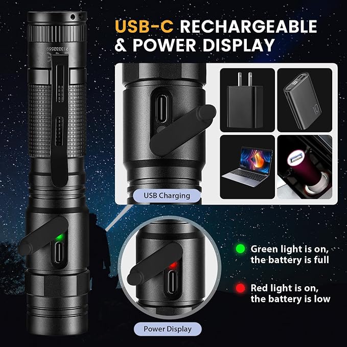 L21 2PCS Rechargeable Flashlight Super Bright 3000 High Lumens, 5 Modes Pocket Flashlight USB-C, Compact Flashlights for Emergency, Home (Black-2)