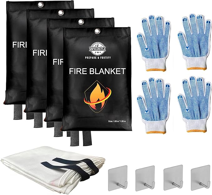 SAFECASTLE Emergency Fire Blanket 59"x59" Large Size, 4 Pack + 4 Hooks & 4 Gloves Fire Retardant Blanket with Fireproof Tabs for Home, Outdoor, Office, Car and Camping Fire Protection Survival Safety