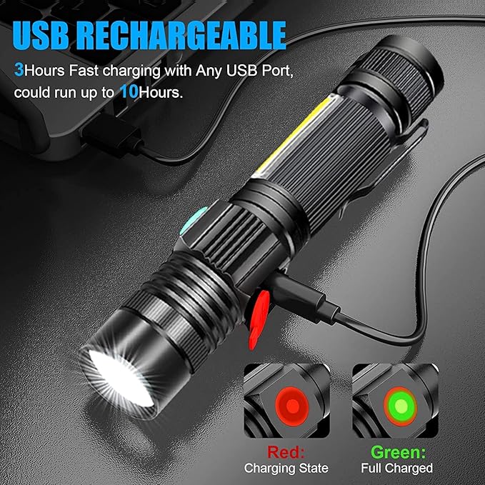 Hoxida Magnetic Flashlight USB Rechargeable, Super Bright LED Tactical Flashlight with Cob Sidelight, Waterproof, Zoomable Best Small LED Flashlight for Camping, Emergency Flashlights