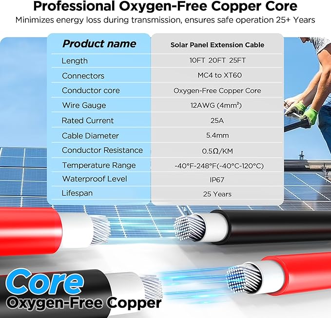 Mc4 to Xt60, 20FT Xt60 Connector Solar Charge Cable, 12AWG Pure Copper Solar Panel Mc4 to XT60 Extension Adapter Cable, Waterproof Connectors, for Solar Panel to Battery, RV, Portable Power Station