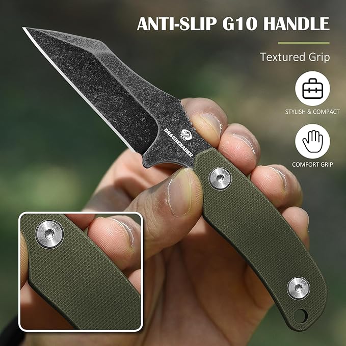 X-WH 5.78" Neck Knife with Kydex Sheath, D2 Steel Stonewashed Wharncliffe Blade with G10 Handle, Fixed Blade Knife for Men