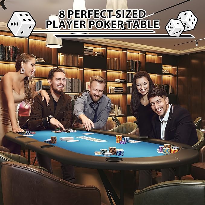 8 Player Foldable Poker Table, 71" Portable Folding Poker Game Tables with Collapsible Legs, Cup Holders, Casino Grade Felt Surface, Oval Card Game Poker Table for Game Room, Blue