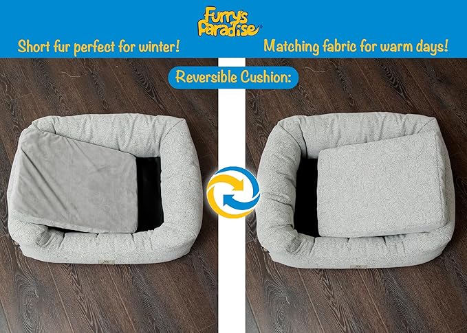 Furry's Paradise Foam Cuddler Waterproof Bolster Pet Bed with Reversible Cushion, Recycled Fibers and Non-Slip Bottom. (Gray Paisley, Orthopedic Medium)
