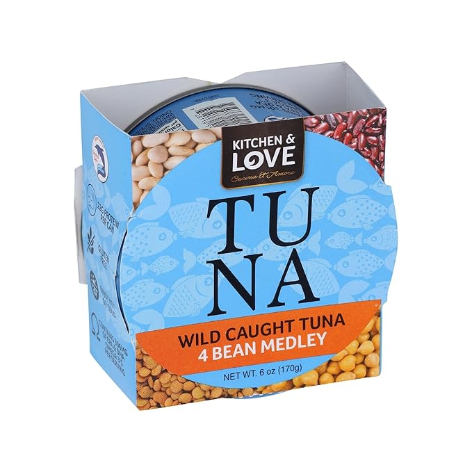 Kitchen & Love Wild Caught Skipjack Tuna with Lentils, Red Beans, White Beans & Chickpeas in Olive Oil, Gluten-Free, 22g Protein per serving, 6 oz, Pack of 8