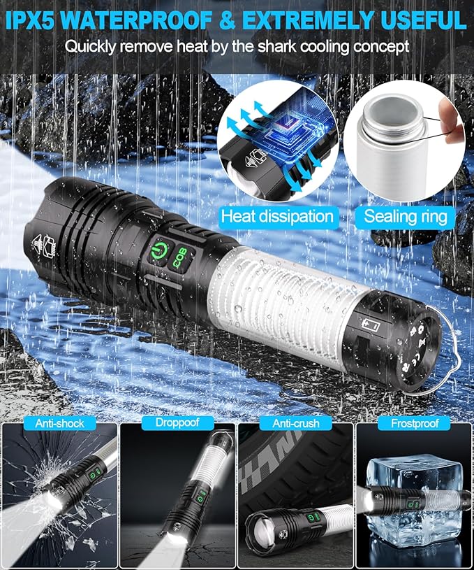 Flashlights High Lumens Rechargeable- Super Bright Tactical LED Flashlight,Powerful USB C Flash Light with 360°COB, Long Beam 3280Ft,7 Modes for Emergency,Gift-365nm UV Light