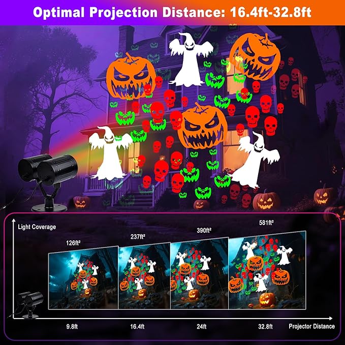 Upgraded Halloween Projector Lights Outdoor, Double Head Dynamic Projector Lights Indoor, 360° Rotating Waterproof Pumpkin Ghost Skeleton Bats Projection Light for Yard Window Party Decor