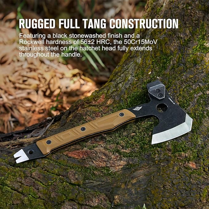 OKNIFE Otacle A1 Survival Hatchet & Camping Axe, 4 in 1 Full Tang Tactical Axe, G10 Non-Slip Grip Tomahawk with Durable Kydex Sheath