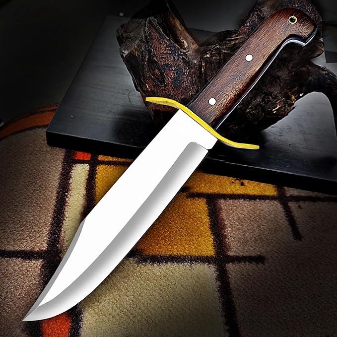 Large Bowie Knife with Leather Sheath Fixed Blade Hunting Knife D2 Steel with Leather for Outdoor Camping