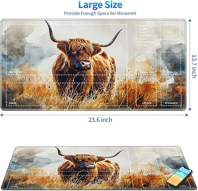 Playmat for MTG with Zones, 24 x 14 inches Game Play Mat for MTG TCG, Trading Card Game Play Mat Desk Mats with Stitched Edges Non-Slip Base, Brown Cow