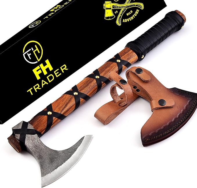 Viking Axe of Ragnar Lothbrok Hunting Axe with Rosewood Handle - Hand-Forged High Carbon Steel Sharp Blade, Handmade Camping Axes, Hatchet-Norse Ax, Tomahawk Vikings Bearded Axes, with Leather Sheath