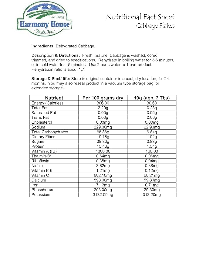 Harmony House Foods Dehydrated Cabbage Flakes - Air Dried Vegetables for Soup and Cooked Dishes, Great for Camping, Survival, and Backpacking, 1.5 Ounces