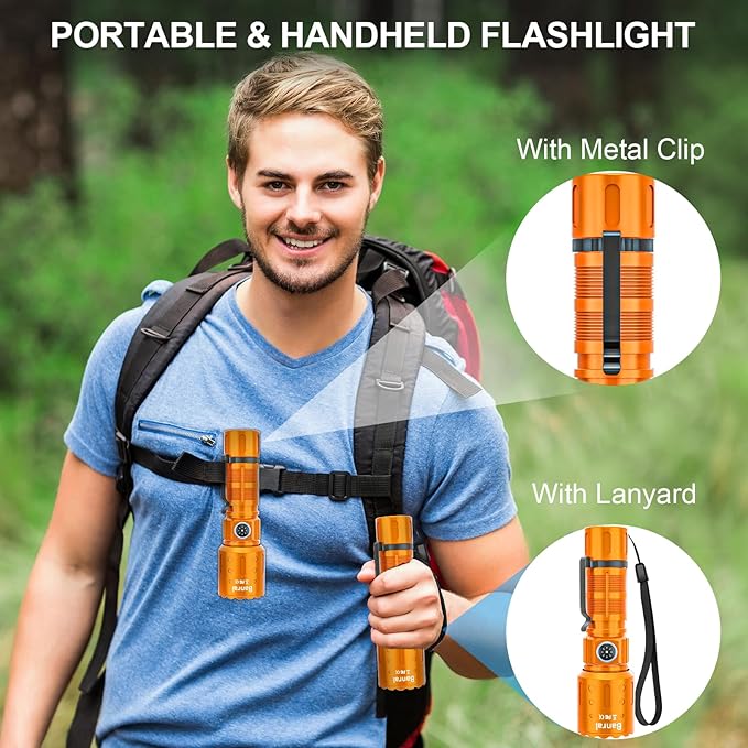 Flashlights High Lumens Rechargeable, Super Bright Long Range Small Powerful Flashlight, 6 Modes LED Tactical Pocket Waterproof Flash Light for Home Emergency (1, Orange)