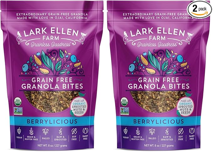 Lark Ellen Farm Grain Free Paleo Granola Bites Certified Organic Vegan Snacks and Cereal made from Sprouted and Activated Nuts and Seeds (Berrylicious, 8 Oz) (Pack of 2)