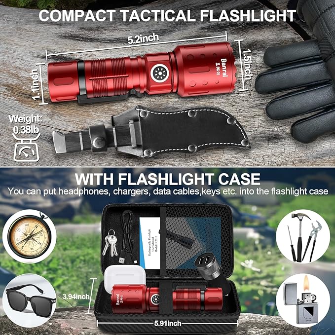 Flashlights High Lumens Rechargeable, Super Bright Long Range Small Powerful Flashlight, 6 Modes LED Tactical Pocket Waterproof Flash Light for Home Emergency (1, Red)