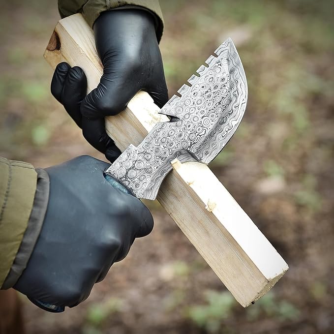 9.5" Handmade Damascus Knife with Leather Sheath | Ultimate Outdoor Ally | Damascus Steel Blade with Blue Micarta Handle | Blue Handle with Sheath Included | Unrivaled Camping Excellence