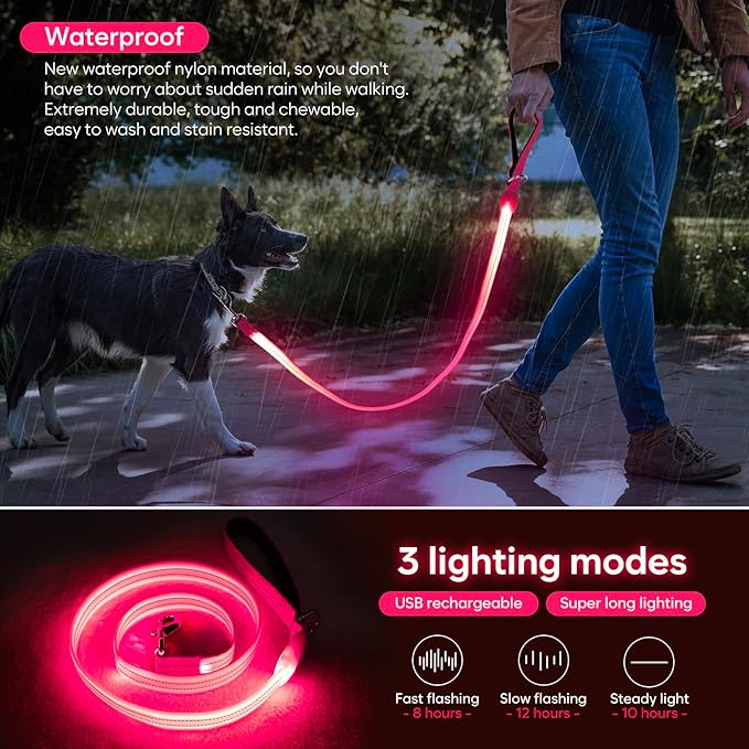 LED Dog Leash, Light Up Dog Leash 4 Ft USB Rechargeable Waterproof, Nylon Reflective Leashes with Padded Handle for Dogs Night Walking Light, Safety Glow in The Dark for Large Medium Pets (Pink)