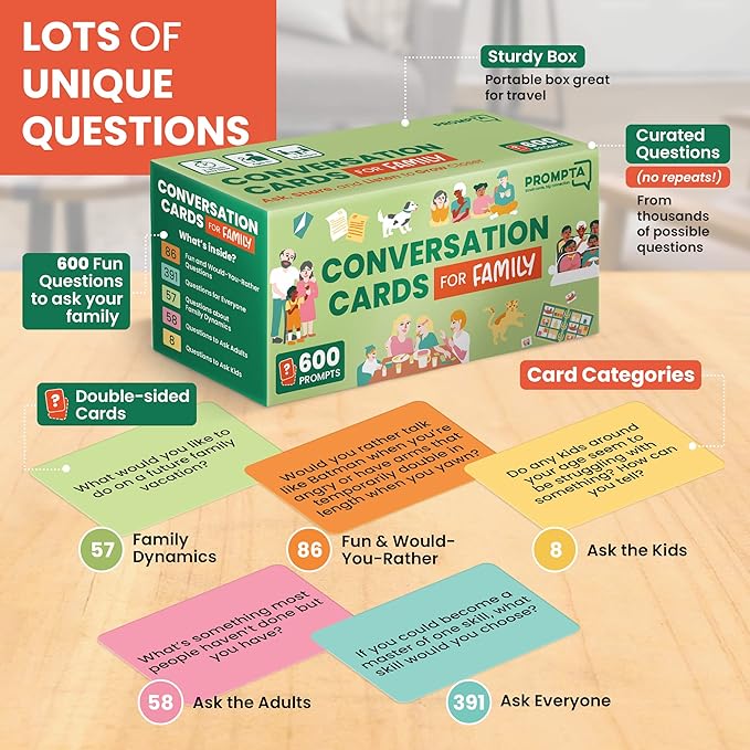 600 Conversation Cards for Families ??Fun Family Game for Kids and Adults During Game Night, Family Dinner, or Road Trips ??Five Get to Know You Question Categories on 2.5" x 1.75" Cards