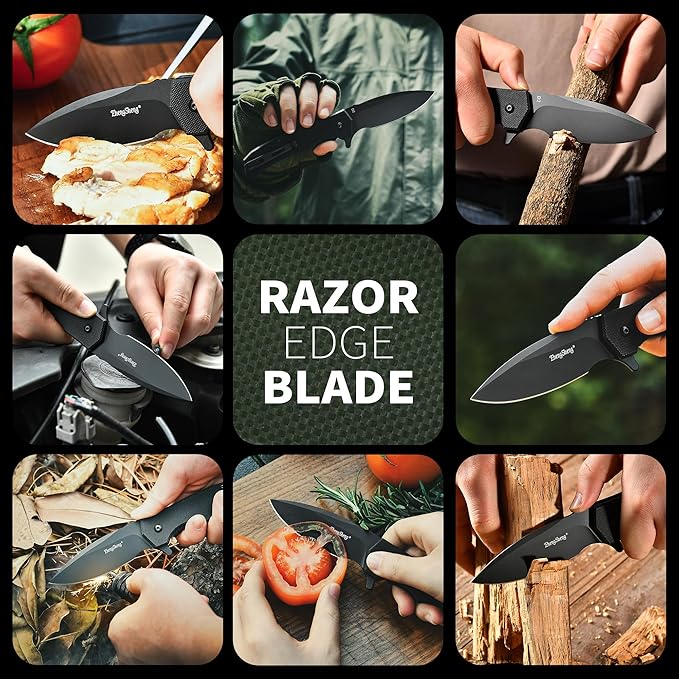 Praxis Folding Pocket Knife, 3.6" PVD Titanium Coating D2 Steel Blade Foldable Knife with G10 Handle Lightweight Camping Survival Hiking Knives