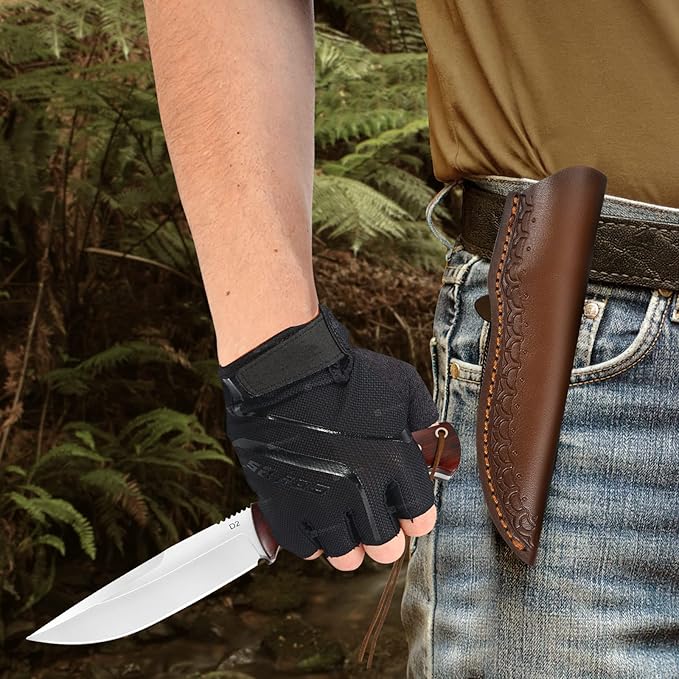 Benkey Fixed Blade Hunting Knife Full Tang with Leather Sheath, Solid & Sharp D2 Blade Outdoor Survival Hunting Knife, Comfortable Natural Wood Handle Camping Knife for Men and Women