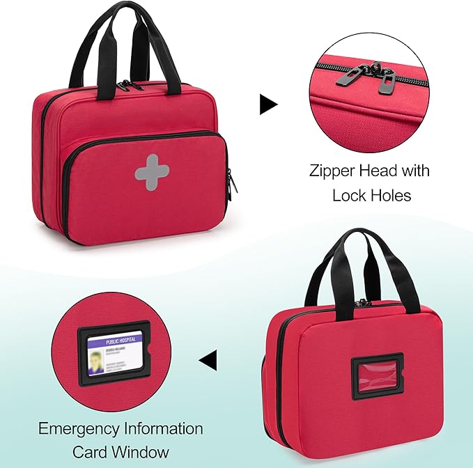 CURMIO Medical Storage Bag, Empty Emergency Kit Bag with Multiple Pockets, Portable First Aid Kit for Home Health Care Supplies, Travel, Camping, Red, Bag Only