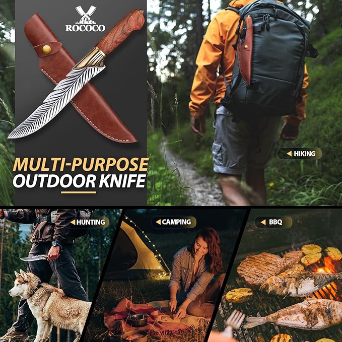 ROCOCO Feather Viking Knife Japanese Boning Knife with Sheath Outdoor Camping BBQ Collection Birthday Father Mother Christmas Gift Idea Men 6.5"