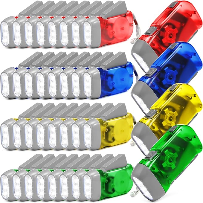 Treela 36 Pcs Hand Crank Flashlights Operation Christmas Bulk Items Squeeze Flashlight No Battery Required Torchlight 3 Powered Charging for Emergency(Yellow, Green, Blue, Red)