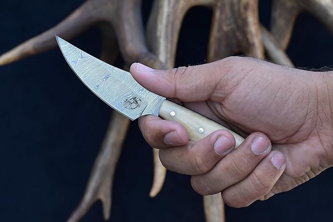 Knives Ranch Handmade EDC Fixed Blade Hunting Knife ??Forged Damascus Steel ??Bone Handle ??Horizontal Carry Sheath ??Outdoor Cowboy Knife (3180-B)