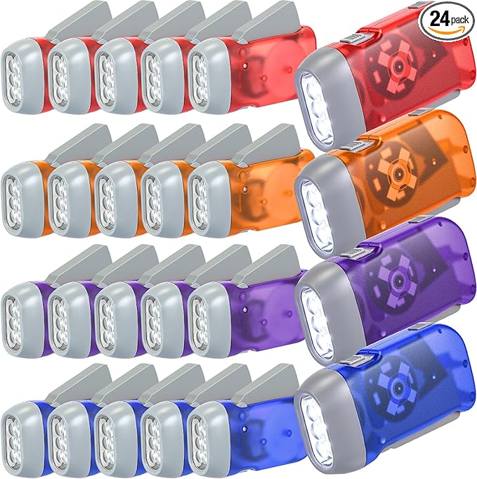 Mudder 24 Pieces Hand Crank Flashlight with LED Self Powered Charging Torch Dynamo for Camping Emergency(Red, Blue, Orange, Purple)