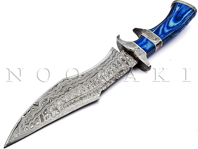 NOORAKI - 15??Damascus Bowie Knife with Sheath | Hand Made Hunting Knife - Fixed Blade Long Bowie Knives - Ideal for Survival ,Chopping, Camping, Outdoor Gift for Men |Tactical Knife Wood Handle (Blue)