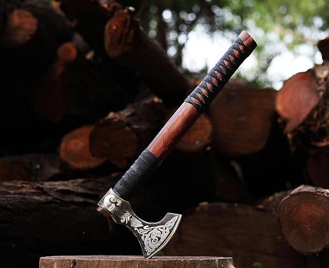 Viking Axe | 18" Carbon Steel Throwing Hatchet with Ash Wood Handle & Leather Sheath | Etched Norse Design, Functional & Collectible Gift(WCA-017)