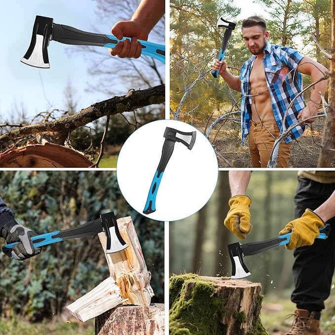 Splitting Axe, 14” Camping Outdoor Hatchet for Wood Splitting and Kindling, Forged Carbon Steel Heat Treated Hand Maul Tool, Fiberglass Shock Reduction Handle, Blue
