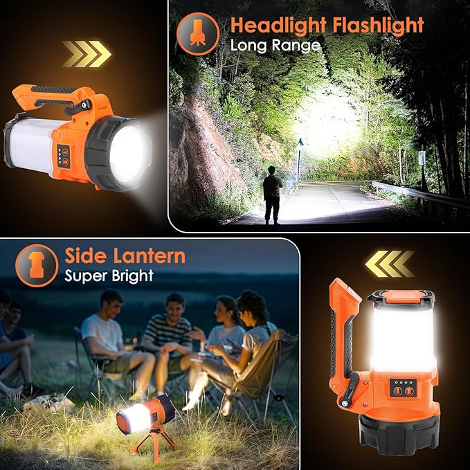 Tripod Rechargeable Camping Lantern, 6 Modes LED Flashlight Handheld Spotlight with 4000LM, 4400mAh Power Bank, IPX4 Waterproof Searchlight Work Light for Emergency Hiking Survival Kit - Orange