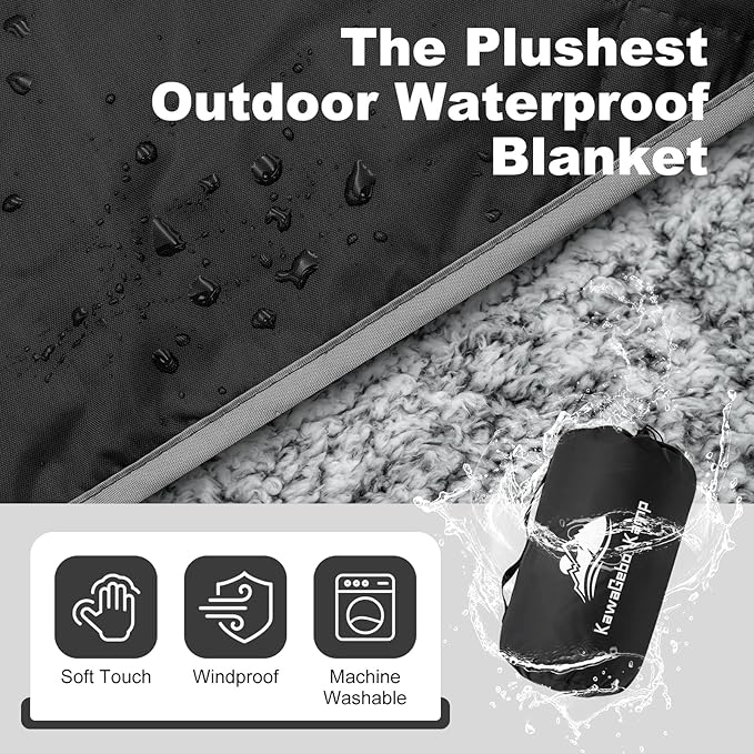 Sherpa Warm Outdoor Camping Blanket - Waterproof Stadium Blanket for Cold Weather, Camp, Sports Mom and Concert - Camping Quilt 80" X 58" (Black)