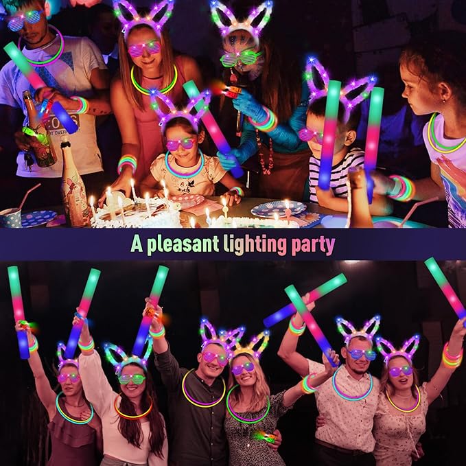 160 PCS Glow Sticks Bulk Party Pack:Glow in the Dark Party Supplies include Glowsticks,Foam Glow Sticks, LED Glasses, Finger Lights,Glow Rabbit Ear Headband,Halloween ,Wedding,Concert