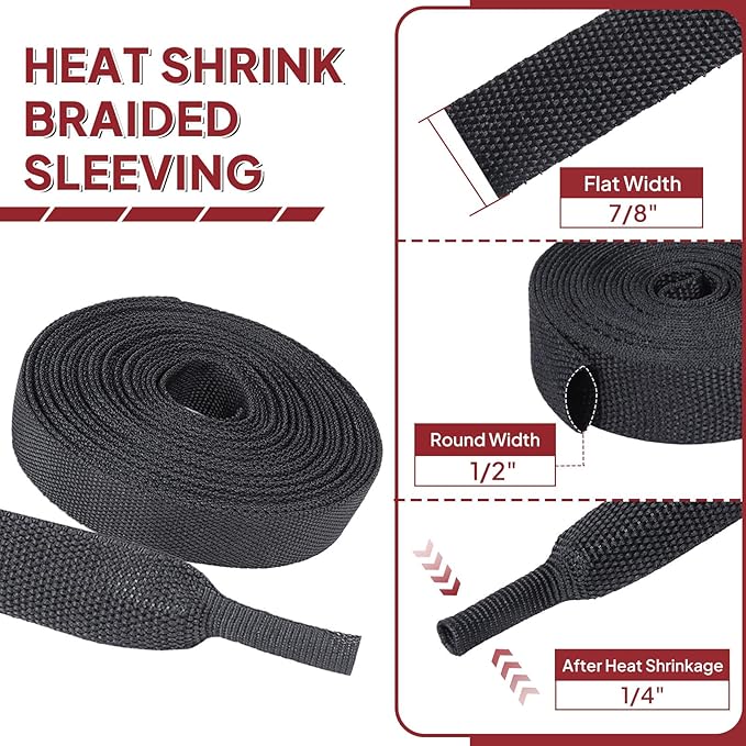 Braided Sleeving 2:1 Shrinkable Fabric Heat Shrink Tubing- Abrasion Protection Flexibility Wiring Harness Cable Sheath (1/2" ID, 16ft)