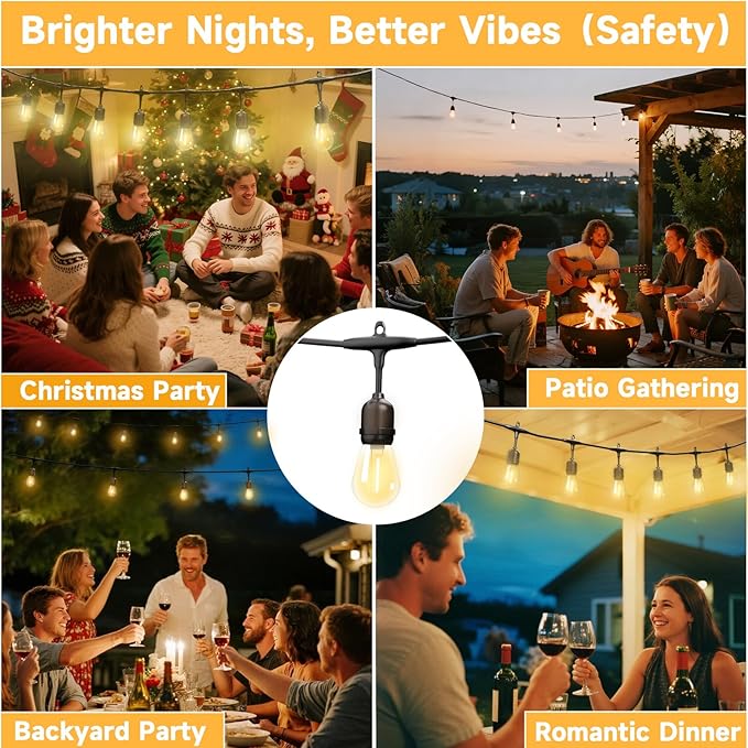 Outdoor Safety String Lights 100FT - Commercial Grade Low Voltage Strand with 40 S14 Shatterproof Bulbs for Tree Garden Yard bistro Cafe | Warm Yellow 3500K Party Lights | IP65 Waterproof | UL Listed