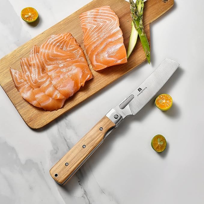 Folding Chef Knife with Nylon Pouch 4.8” Ultra Sharp 440A Stainless Steel Blade Natural Olive Handle Pocket Foldable Japanese Style Kitchen Knife for Outdoor Camping BBQ trip Cooking.