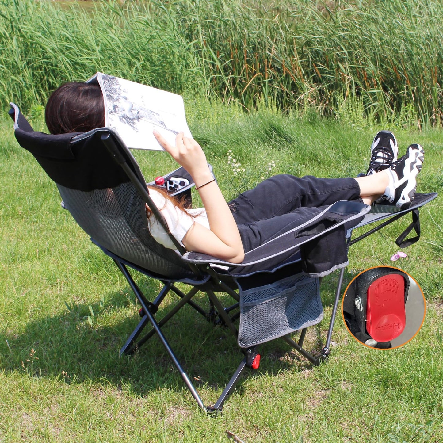 POEPORE Reclining Camping Chair with Removable Footrest Lounge Chair with Headrest, Cotton Cushion