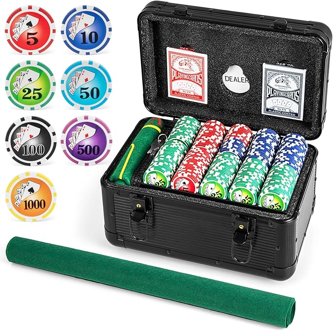 Goplus Poker Chip Set, 600 PCS Chips, 2 Decks Cards, Dealer Button, Poker Felt, Aluminum Case for Texas Holdem, Casino, Family Night, Blackjack