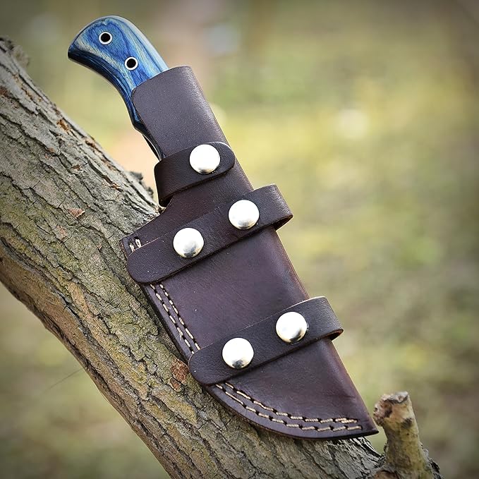 9.5" Handmade Damascus Knife with Leather Sheath | Ultimate Outdoor Ally | Damascus Steel Blade with Blue Micarta Handle | Blue Handle with Sheath Included | Unrivaled Camping Excellence