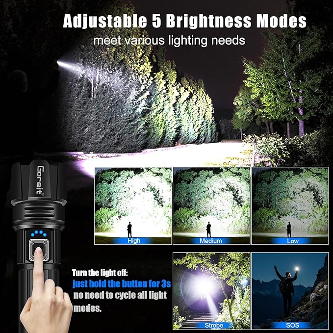 Goreit Flashlight High Lumens Rechargeable, 2000 Lumen Led Flashlights XHP70.2 USB Super Bright Flash Light Battery Powered, Powerful Handheld Flashlights for Emergencies Camping, IP67 Waterproof