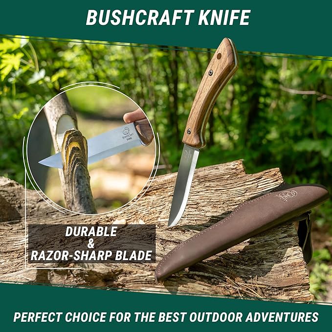 BeaverCraft Bushcraft Knife Full Tang Carbon Steel with Leather Sheath ??Camping Bush Knife Fixed Blade ??Outdoor Bushcraft Knives BSH1 Dune