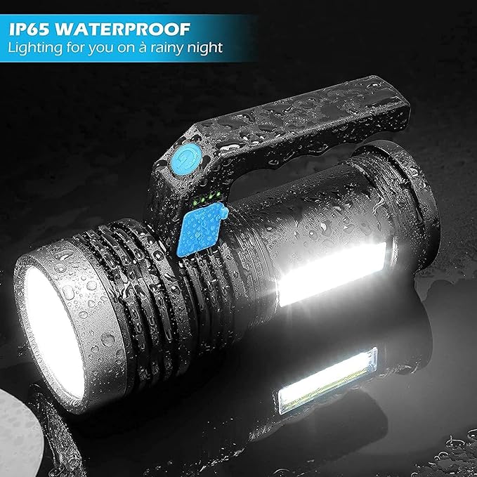 LED Flashlight High Lumens USB Rechargeable Flashlight for Camping, Hiking, Walking, Powerful Emergency Flashlight with 4 Modes for Outdoor Use, Bright Flashlight with Sidelight Lantern