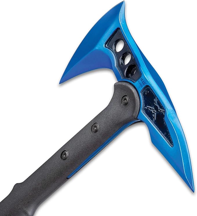 M48 Blue Tactical Tomahawk Axe and Snap On M48 Sheath - Hawk Axe, Blue Stainless Steel Blade, Piercing Spike, Grippy Reinforced Fiberglass Handle, Made for Door Breaching and Chopping - Length 15”
