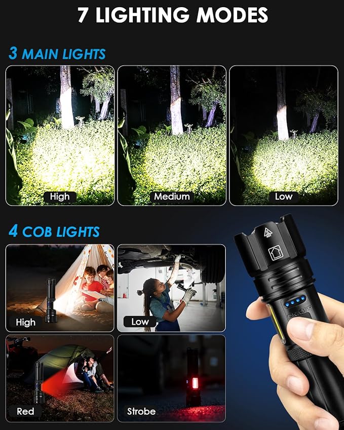 Flashlights High Lumens Rechargeable, 99000 Lumens Bright Flash Light, Powerful LED Flashlights, 15h Runtime, IPX7 Waterproof Flashlights for Home, Camping, 7 Modes