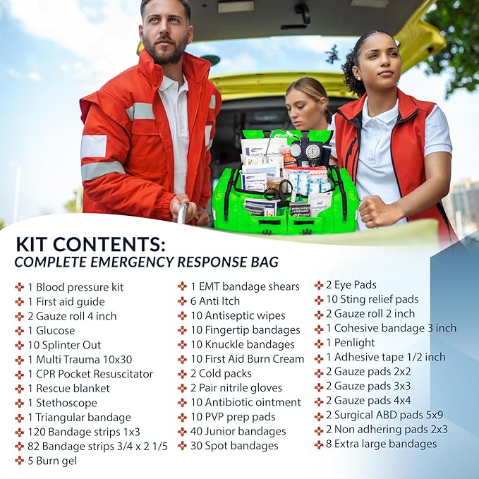 First Aid Kit - Fully Stocked Portable Reflective Bag -First Responder Emergency Response Kit-for Natural Disaster Preparedness-Customizable Storage-Includes 415 Pcs First Aid Supplies - Lime Green