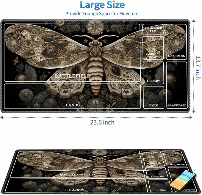 Playmat for MTG with Magic Zones, 24 x 14 inches Game Play Mat for MTG TCG, Trading Card Game Play Mat Desk Mats with Stitched Edges Non-Slip Base, Moth