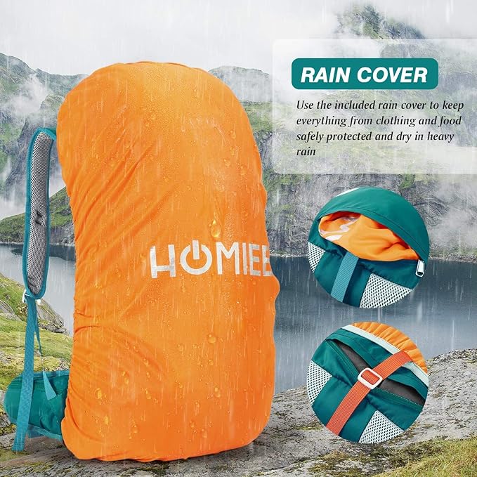 HOMIEE 50L Hiking Backpack Travel Bag Waterproof Camping Rucksack with Rain Cover Lightweight Backpacking Backpack