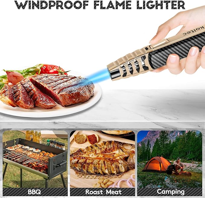 Butane Torch, Outdoor Windproof Cooking Torch Lighter, Refillable Adjustable Jet Flame Kitchen Butane Lighter with Safety and Fire Lock, Gift Box Package (Gas Not Included) (Carbon)